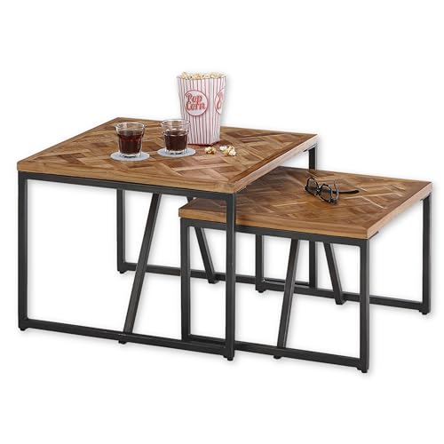 LOLA Beistelltisch 2er Set, Teak-Holz recycelt - Hochwertiges Couchtisch Set mit schwarzem Metallgestell - 60 x 45 x 60 cm (B/H/T)