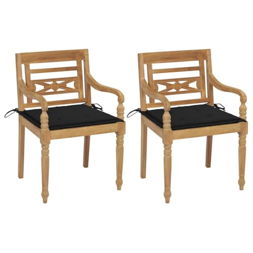 vidaXL 2X Teak Massiv Batavia Stuhl mit Schwarzen Kissen Gartenstühle Gartenstuhl Gartensessel Stühle Gartenmöbel Sessel Essstuhl Terrasse Garten
