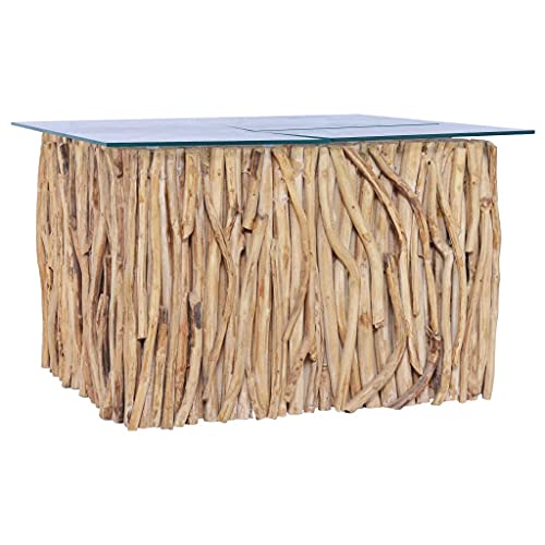 MOBCANT Couchtisch mit Glasplatte, Sofa Tisch Wohnzimmer möbel Beistelltische Betttisch Geeignet für Wohnung Büro Hotel Teehaus 66x66x40 cm Massivholz Teak
