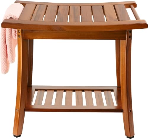 Utoplike Teak Dusche Sitz mit Griffen, tragbare hölzerne Badehocker mit Lagerung Handtuch Regal, große wasserdichte Dusche Bank, perfekt für Bad und Outdoor-Einsatz