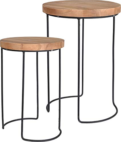 Runde Couchtische im 2er Set Kaffeetisch aus Teak und Metall Satztisch Holztisch Blumenständer Blumenhocker Tisch Massivholz Rund Set