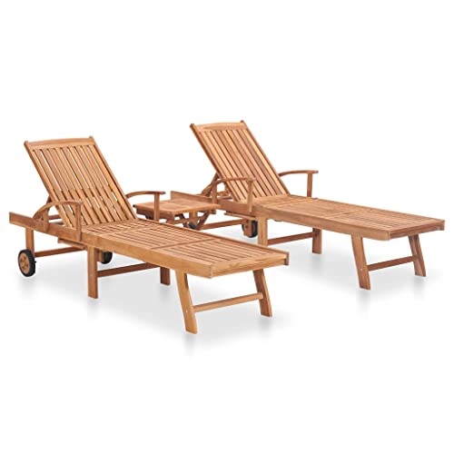 Hommdiy Sonnenliege 2 STK.mit Ausziehbarem Teak Massiv Tisch Beistelltisch Gartenliege Holzliege Liegestuhl Relaxliege Strandliege Liege Gartenmöbel