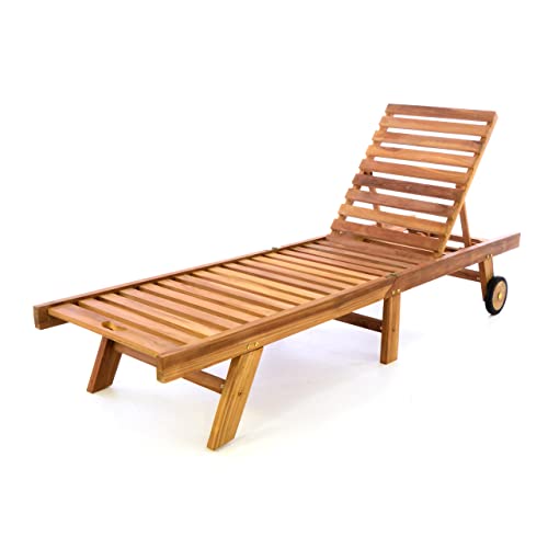 SONLEX Gartenliege Sonnenliege mit Rädern Liegestuhl Teak Holz behandelt klappbar extra hohe Rückenlehne 5-Fach verstellbar