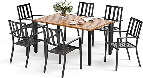PHIVILLA Patio Dining Sets of 7, Metall Material 6 x Patio Dining Strip Stühle Teak Farbe Tischplatte rechteckigen Esstisch mit 4cm Schirmloch für Outdoor-Küche Rasen Garten,Bistro,Deck.