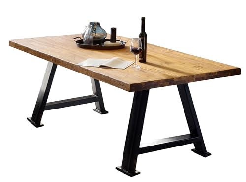 Dynamic24 Tisch 220x100 Teak Metall Holztisch Esstisch Speisetisch Küchentisch Esszimmer