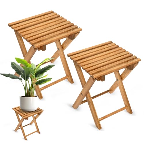 Timberholm 2 Stück Outdoor Klappbare Beistelltische, Kleiner Klapptisch, Faltbarer Outdoor-Beistelltisch, Tragbarer Beistelltisch, Teak-Klapptisch, Kleiner Kaffee-Beistelltisch (36,1 cm Höhe, Natur,