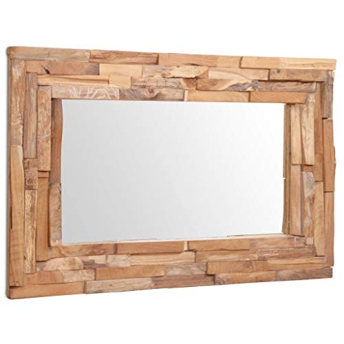 Wandspiegel Teak Spiegel Holzrahmen Wanddekoration Badspiegel mit Massivholz-Rahmen aus Teakholz Natur zum aufhängen | 90 x 60 cm Rechteckig | Naturholz Braun