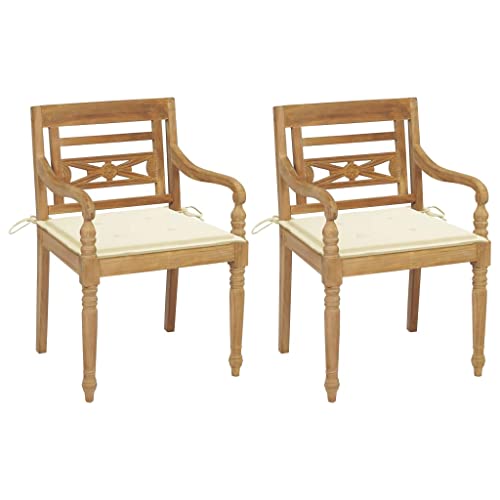 HANJIEFACAI Sun Garden,campingstuhl hochlehner,hochlehner gartenstuhl,Batavia-Stühle 2 STK. mit Creme Kissen Teak Massivholzauflagen, Kissen & Polster,gartenstuhl Metall,hochlehner auflagen,