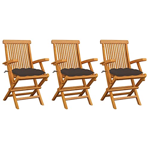 Youuihom Terrassenstuhl Konversationsstuhl Stühle für draußen Gartenstühle mit Taupe Kissen 3 STK. Massivholz Teak Geeignet für Garten, Hinterhof, Patio, Terrasse, im Freien