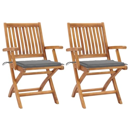 Owoxanthellate 2er Set Klappsessel Teak Holz Gartenstuhl mit grauem Polster für Balkon Terrasse Wohnzimmer Bistro 56 x 58 x 88 cm wetterfest Modernes Design