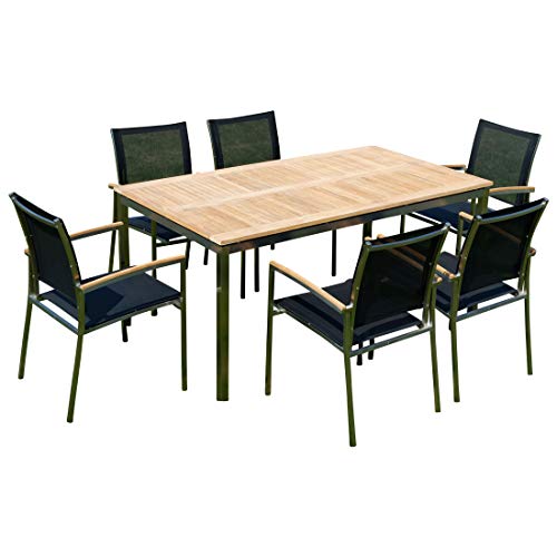 ASS Gartengarnitur Edelstahl Batyline A-Grade Teak Holz Set: Tisch 160x90 cm + 6 Sessel Serie Kuba-SCHWARZ Gastroqualität