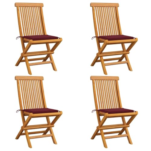 Frdhee Esszimmerstühle Camping Stuhl Gartenstuhl,Gartenstühle mit Weinroten Kissen 4 STK. Massivholz Teak,Terrassenstuhl Für Garten Terrasse Balkon,Einfach Zu Montieren
