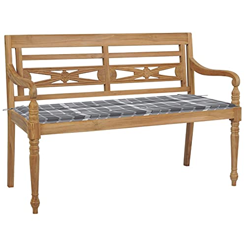 Xichuzi Batavia-Gartenbank Graues Karomuster-Kissen, Gartenbänke, Sitzbank Outdoor, Parkbank, Garten Bank Für Draussen, Outdoor Deko Wetterfest, 120 cm Teak Massiv