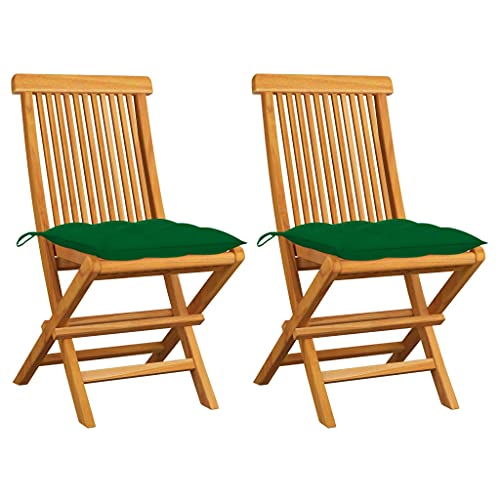 WRJENFSC Outdoor-Rasenstuhl Bistro-Stuhl Liegestuhl Gartenstuhl Lounge-Stuhl Gartenstühle mit Grünen Kissen 2 STK. Massivholz Teak Geeignet für Restaurants, Bistros, Terrassen, Sonnenzimmer
