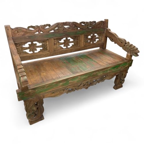Teakholz Gartenbank Altos – asiatische Sitzbank aus Altholz mit Holz Schnitzerei – 3 Sitzer Bank aus Indonesien – Bali Möbel für Garten Terrasse Vintage Shabby Stil