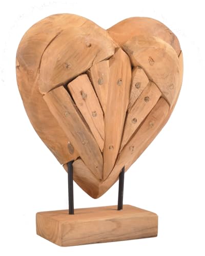 BURI Teak Herz Skulptur auf Ständer massiv - 30 cm Tisch Deko Figur Holz Fensterbankaufsteller Dekoaufsteller