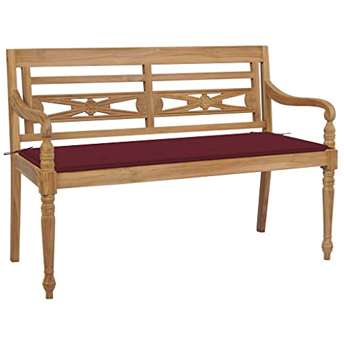 LAPOOH Batavia-Gartenbank mit Weinrotem Kissen, Gartenbänke, Sitzbank Outdoor, Parkbank, Garten Bank Für Draussen, Outdoor Deko Wetterfest, 120 cm Teak Massivholz