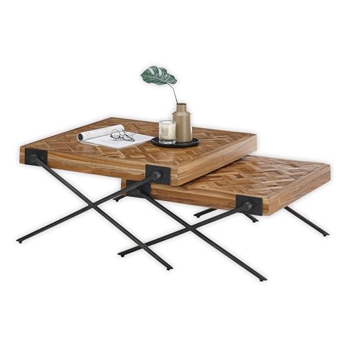 AKONI Beistelltisch 2er Set, Teak-Holz recycelt - Hochwertiges Couchtisch Set mit filigranem Metallgestell - 80 x 43 x 80 cm (B/H/T)