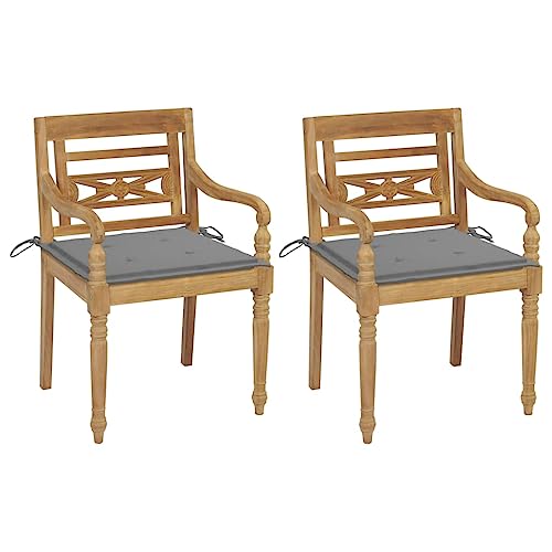 HANJIEFACAI Sun Garden,campingstuhl hochlehner,hochlehner gartenstuhl,Batavia-Stühle 2 STK. mit Grauen Kissen Teak Massivholzauflagen, Kissen & Polster,gartenstuhl Metall,hochlehner auflagen,