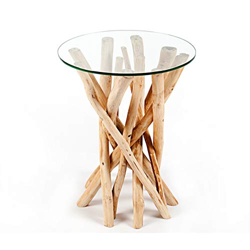 Invicta Interior Design Teakholz Couchtisch Beistelltisch Driftwood mit Glasplatte rund Glastisch Wohnzimmertisch