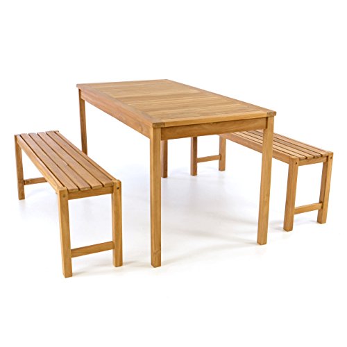 Divero Garten- & Picknick-Set Sitzgruppe Gartenmöbel-Garnitur 3-teilig 1 Tisch 2 Bänke behandelte unbehandelte Oberfläche Teak-Holz massiv 135 cm wählbar (135 cm, Teak Natur) (braun)