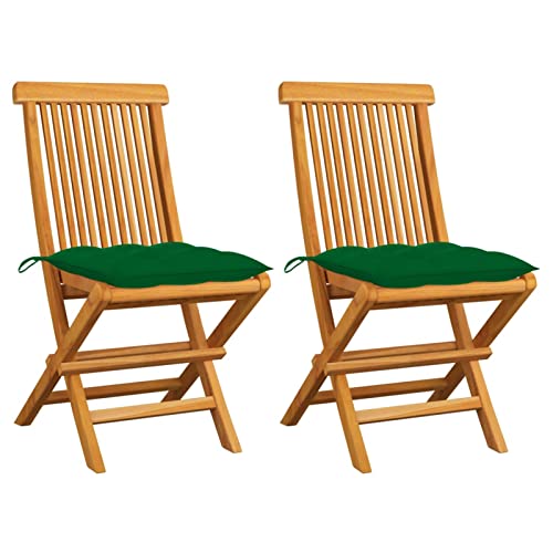 ShGaxin Gartenstühle mit Grünen Kissen, Gartenmöbel, Balkonstühle, Hochlehner, Balkonmöbel, Bistrostuhl, Garten Stühle, Sit Möbel, Armlehnenstuhl, 2 STK. Massivholz Teak