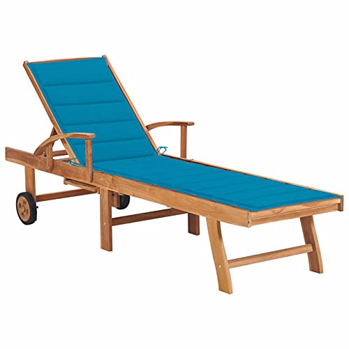 Mogou Sonnenliege aus massivem Teakholz mit Kissen, Gartenliege, Sonnenliegen, Liegestühle für den Außenbereich, Hängematten und Liegestühle, Strand, Hängematte für Terrasse, Blau