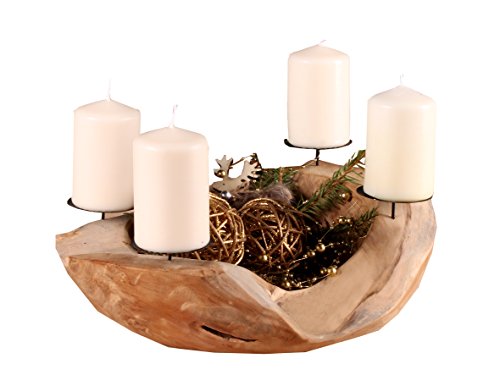 Ambientehome Teak Adventskranz Wurzelschale Holzschale Obstschale Schale massiv rund circa 35 cm Dekoschale, Braun