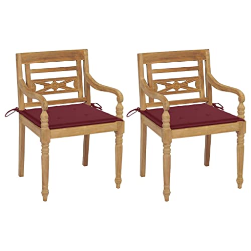 HANJIEFACAI Sun Garden,campingstuhl hochlehner,hochlehner gartenstuhl,Batavia-Stühle 2 STK. mit Weinroten Kissen Teak Massivholzauflagen, Kissen & Polster,gartenstuhl Metall,hochlehner auflagen,