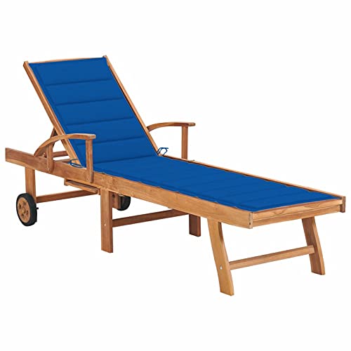 Mogou Sonnenliege aus massivem Teakholz, mit Kissen, Gartenliege, Sonnenliegen, Liegestühle für den Außenbereich, Hängematten und Liegestühle, Strandmatte, Terrassenstühle, Königsblau