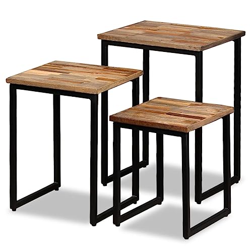 MOBCANT 3-TLG. Satztisch-Set, Sofa Tisch Wohnzimmertisch Balkontisch Side Table Geeignet für Hotel Büro Schlafzimmer Teehaus Recyceltes Massivholz Teak