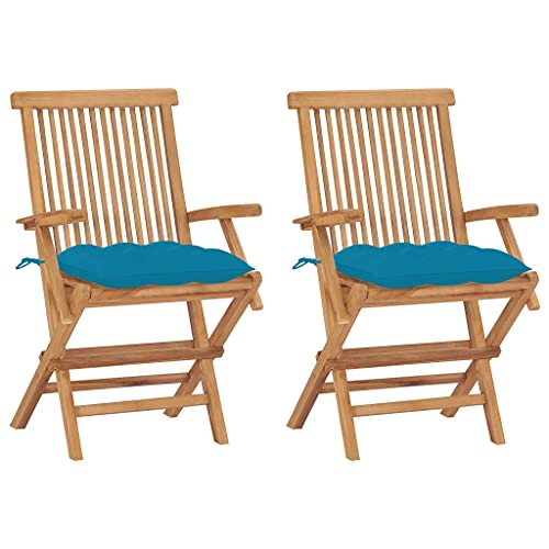 Frdhee Gartenstuhl Relaxstuhl Sessel,Gartenstühle mit Hellblauen Kissen 2 STK. Massivholz Teak,Für Bistro,Küche,Innen Und Außenbereich,Einfach Zu Warten