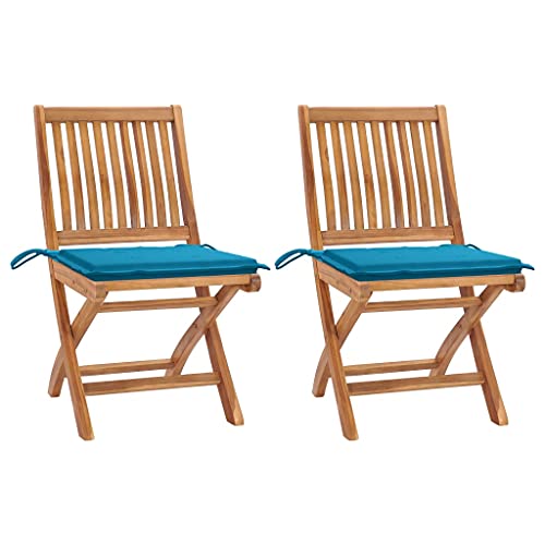 Youuihom Stühle für draußen Liegestuhl Garten-Freizeitstuhl Gartenstühle 2 STK. mit Blauen Kissen Teak Massivholz Geeignet für Rasen, Strand,Sonnenzimmer, Rasenflächen