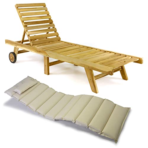 Divero Sonnenliege mit Auflage Set Relax-Liege Holzliege Gartenliege Teakholz Natur inkl. Räder, verstellbares Kopfteil, Auflage Creme