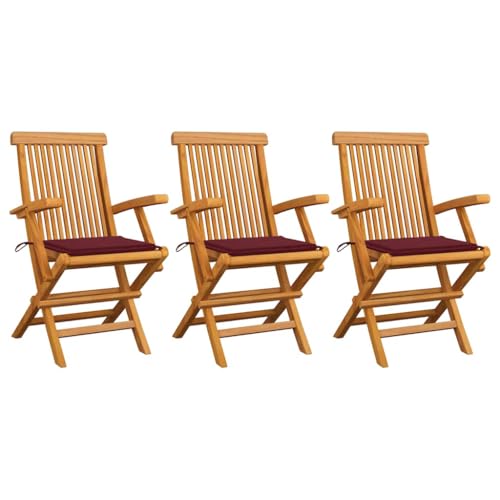 Frdhee Relaxstuhl Gartensessel Gartenstuhl,Gartenstühle mit Weinroten Kissen 3 STK. Massivholz Teak,Für Garten Und Balkon,Einfach Zu Montieren,Ergonomisches Design