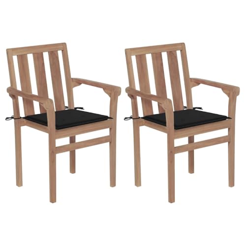 LAPOOH Gartenstühle 2 STK. mit Schwarzen Kissen, Gartenmöbel, Balkonstühle, Hochlehner, Balkonmöbel, Bistrostuhl, Garten Stühle, Armlehnenstuhl, Teak Massivholz