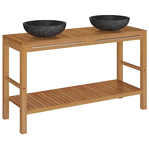 vidaXL Teak Massiv Waschtisch mit Waschbecken Waschschale Badmöbel Aufsatzwaschbecken Unterschrank Badschrank Waschbeckenunterschrank Marmor Schwarz