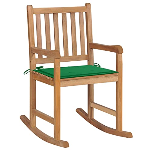 UTSRABFA Stühle für draußen Terrassenstuhl Gartenstühle Esszimmerstühle Schaukelstuhl mit Grünem Kissen Massivholz Teak Geeignet für Garten, Rasen, Strand, Terrasse