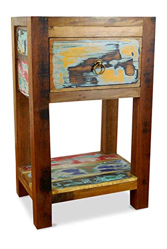 livasia Asiatischer Nachttisch aus Massivholz – 40x30x65cm – handgefertigter Beistelltisch aus Holz aus Java, recyceltes & versiegeltes Teakholz von ehemaligen Fischerbooten, Vintage Look