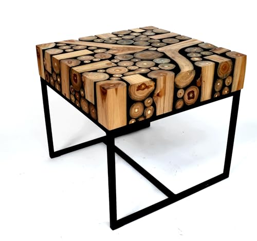 Brillibrum Design Teakholz Baumscheibentisch Beistelltisch Sitz Hocker Tisch handgefertigter Beistelltisch aus Teak Holz kleine Baumscheiben Couchtisch (42x45x45 cm)
