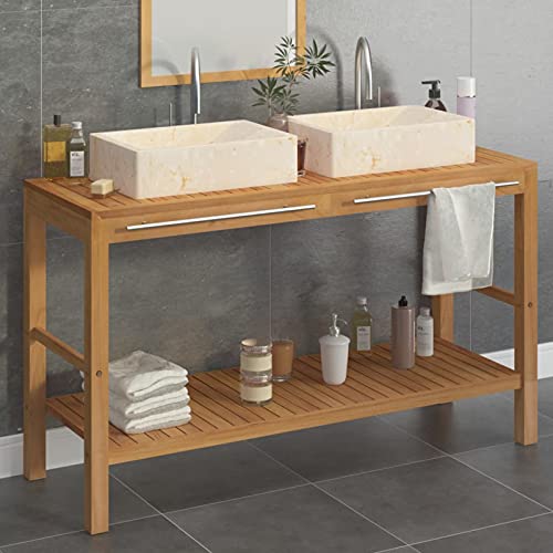 Homgoday Badezimmer-Schrank aus Teakholz mit Waschbecken aus cremefarbenem Marmor, Möbelschrank, Büromöbel, Aufbewahrungsschrank STYLE3058167