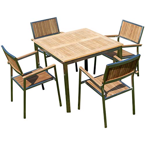 ALEOS. Gartengarnitur Edelstahl Teak Set Tisch 90x90 cm + 4 Teak Sessel A-Grade Teak Holz Serie Kuba Gastroqualität