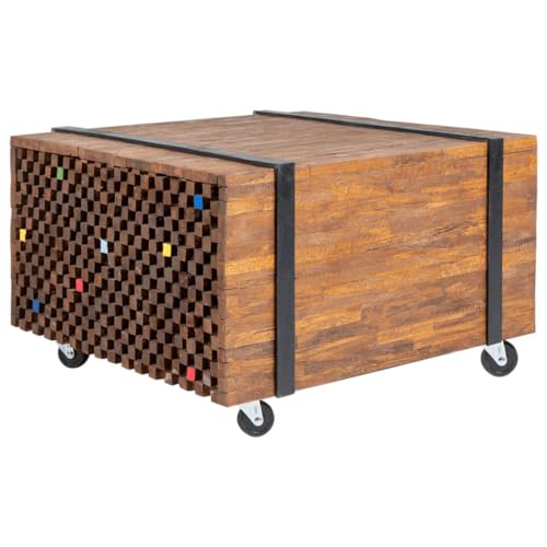 LVHUIDEH Beistelltisch mit 4 Rollen, Ablagetisch, Industriellen Design Couchtisch, fürs Home, Wohnzimmer, Schlafzimmer 60 x 60 x 38 cm Teak