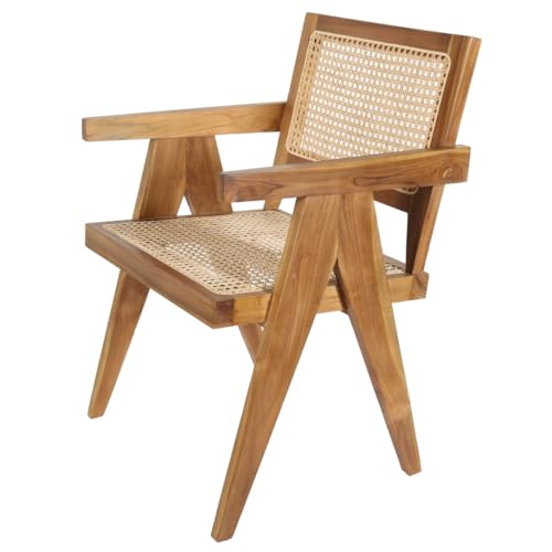 Teak Rattan Sessel NICO Light Brown mit Armlehnen | Retro-Stuhl aus Massivholz & Rattan | Armlehnstuhl breit & stabil für Garten Terrasse Küche Lounge Esszimmer | AL2020