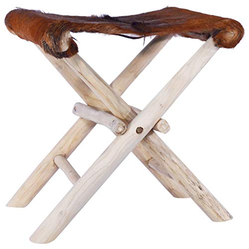 Relaxstuhl Klappbar Echtleder Faltbar Stuhl Retro Stühle, Holz Rahmen Echtes Ziegenleder, Teak, 48 x 40 x 45 cm (B x T x H)