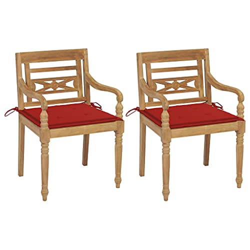 HANJIEFACAI Sun Garden,campingstuhl hochlehner,hochlehner gartenstuhl,Batavia-Stühle 2 STK. mit Roten Kissen Teak Massivholzauflagen, Kissen & Polster,gartenstuhl Metall,hochlehner auflagen,
