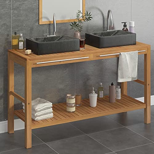 TEWTX7 Waschtisch Massivholz Teak mit 2 Marmor Waschbecken Badtisch mit Regal Aufsatzwaschbecken Badmöbel Unterschrank Waschbeckenunterschrank Badschrank für Badezimmer und Waschraum