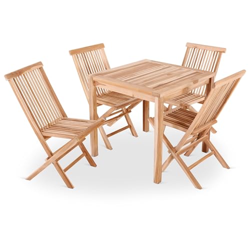 Raburg Sitzgruppe MARELIA L - Teak-Holz Set aus 4 Klappstühle, 1 Tisch 70 x 70 cm, feines, naturbelassenes Teak, langlebig, leicht & robust, Gartenstuhl-Set, praktische Sitzgruppe