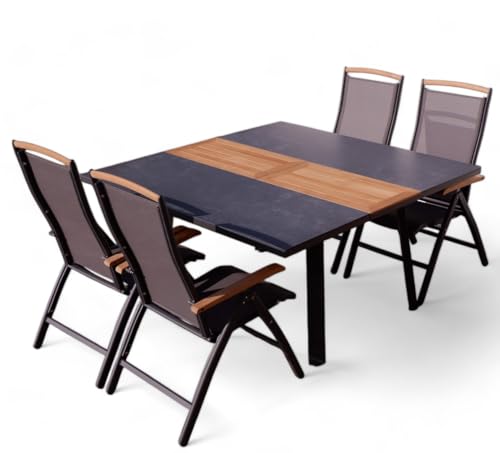 ALEOS. Gartengarnitur Gartenset Aluminium Teak Set mit quadratischem Ausziehtisch 150x110cm auf 150cm ausziehbar + 4 Hochlehner anthrazit Trinidad