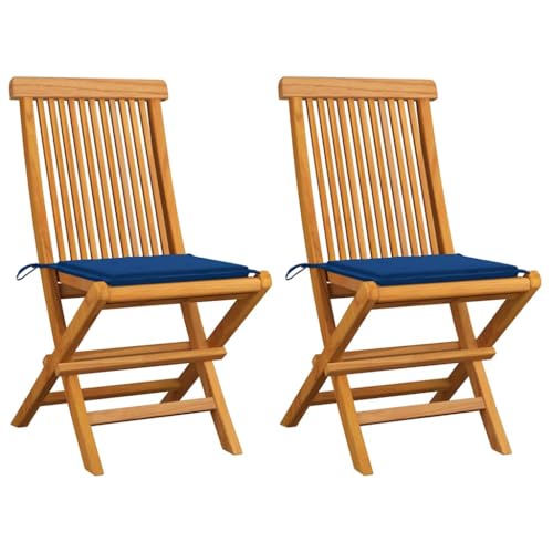 LAPOOH Gartenstühle mit Königsblauen Kissen, Gartenmöbel, Balkonstühle, Hochlehner, Balkonmöbel, Bistrostuhl, Garten Stühle, Sit Möbel, Armlehnenstuhl, 2 STK. Massivholz Teak